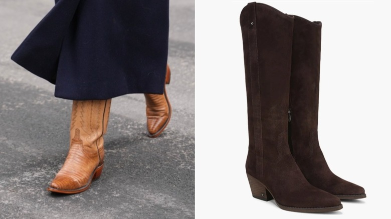 Une femme portant des bottes de style occidental à gauche et une image de produit représentant une paire de bottes marron à droite.