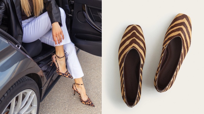 Une femme portant des chaussures à imprimé animal dans une voiture à gauche et une image de produit de chaussures à imprimé zèbre à droite.