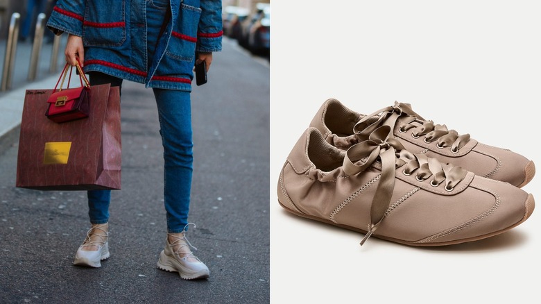 Une femme portant des baskets de ballet à lacets à gauche et une image de produit de baskets de ballet à droite.