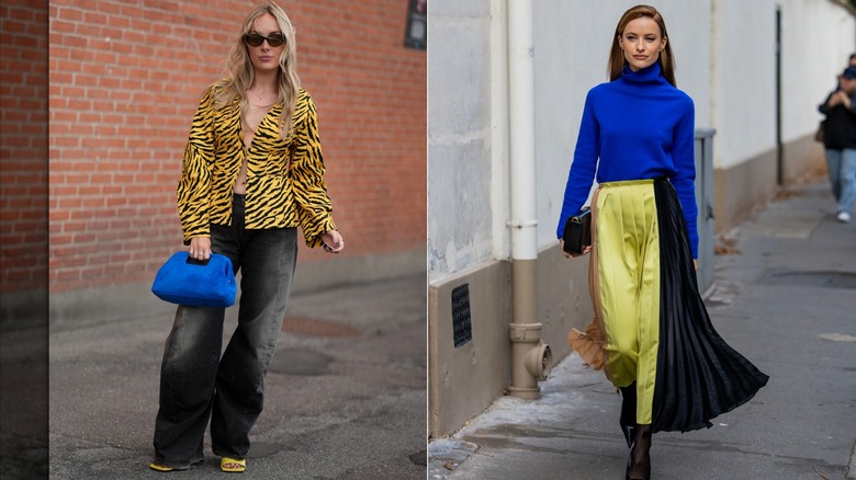 Une invitée portant une veste à imprimé tigre jaune et noir, un jean noir et un sac à main bleu cobalt lors de la Fashion Week de Copenhague en août 2026 / Victoria Magrath porte un pull à col roulé bleu cobalt et une jupe plissée jaune lors de la Fashion Week de Paris en septembre 2023