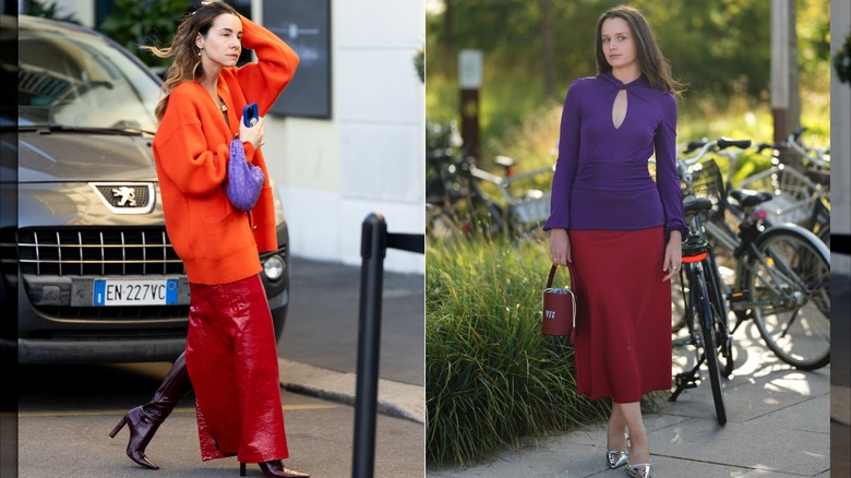 Une passante portant un pull orange, une jupe longue rouge, des bottes violettes et un sac violet lors de la Design Week de Milan en avril 2026 / Un invité vêtu d'un chemisier violet et d'une jupe midi bordeaux lors de la Fashion Week de Copenhague en juillet 2026