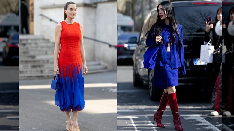 Cléopâtre zu Oettingen-Spielberg dans une robe sans manches rouge et bleu cobalt lors de la Fashion Week de Paris en mars 2026 / Heart Evangelista dans une chemise et une jupe en daim bleu cobalt avec des bottes hauteur genou rouges lors de la Fashion Week de Paris en mars 2026