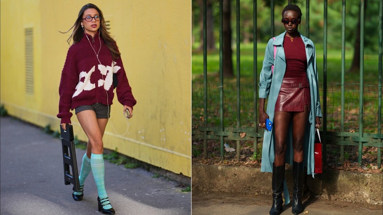 Un invité portant un pull bordeaux, un short et des chaussettes hautes turquoise lors de la Fashion Week de Paris en mars 2026 / Un invité portant un chemisier bordeaux, une minijupe en cuir et un trench turquoise lors de la Fashion Week de Milan en septembre 2024