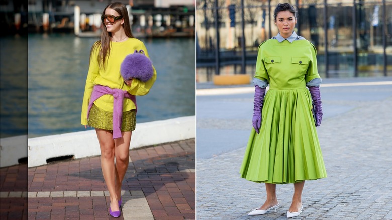 Mattie Gouman porte un sweat-shirt jaune citron, une jupe perlée verte et des accessoires violets lors de la Fashion Week australienne à Sydney en mai 2026 / Clara Kong Vila porte une robe plissée verte et des gants violets lors de la Fashion Week de Milan en février 2026