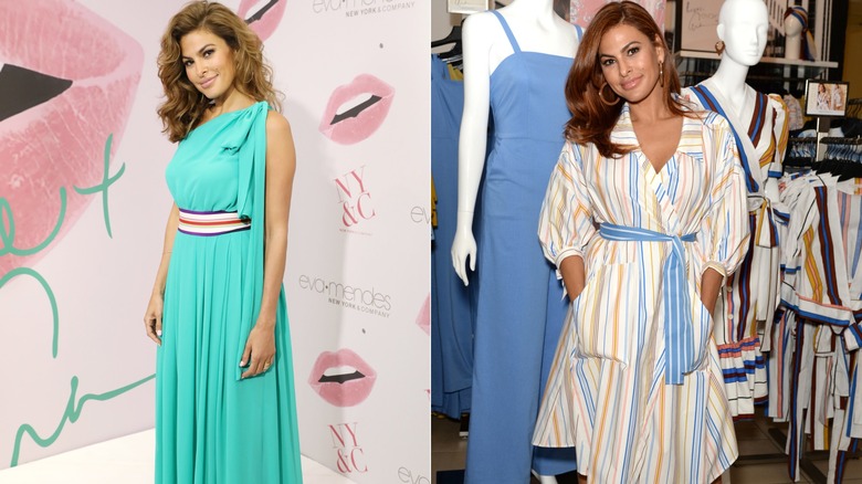 Eva Mendes portant une robe turquoise à décolleté asymétrique en 2017 à gauche et portant une robe portefeuille rayée en 2019 à droite.