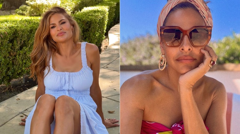 Eva Mendes porte une robe bleue décontractée à gauche et pose avec de grandes lunettes de soleil, un foulard et des boucles d'oreilles dorées à droite.