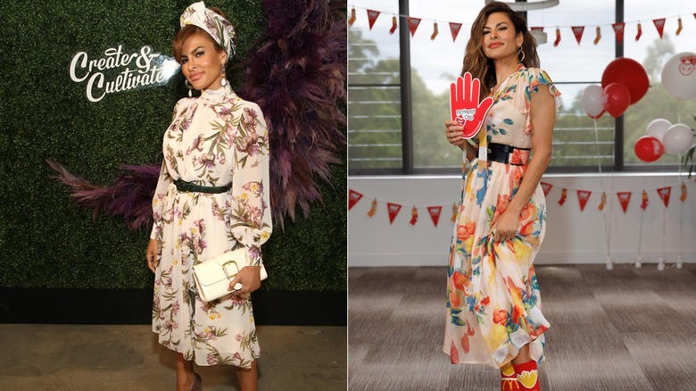 Eva Mendes portant une robe à fleurs avec un foulard assorti et une ceinture noire en 2020 à gauche et une robe fleurie fluide en 2022 à droite.