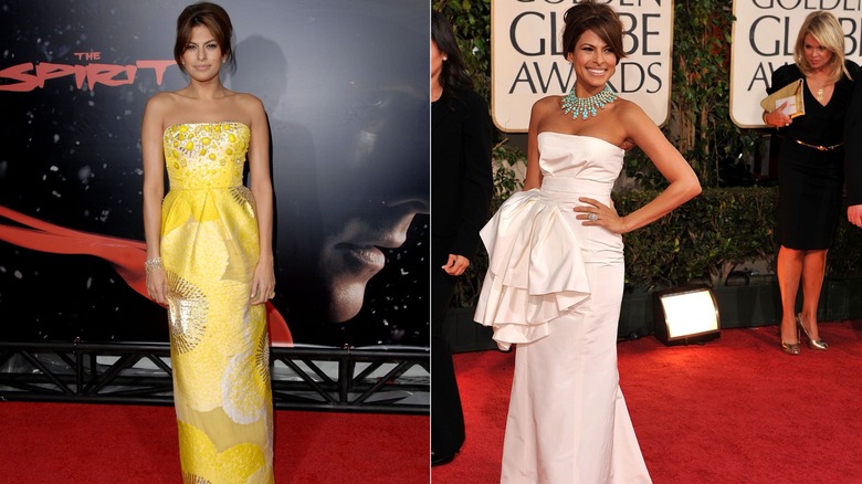 Eva Mendes portant une robe bustier jaune sur le tapis rouge en 2008 à gauche et aux Golden Globes portant une robe bustier blanche en 2009 à droite.