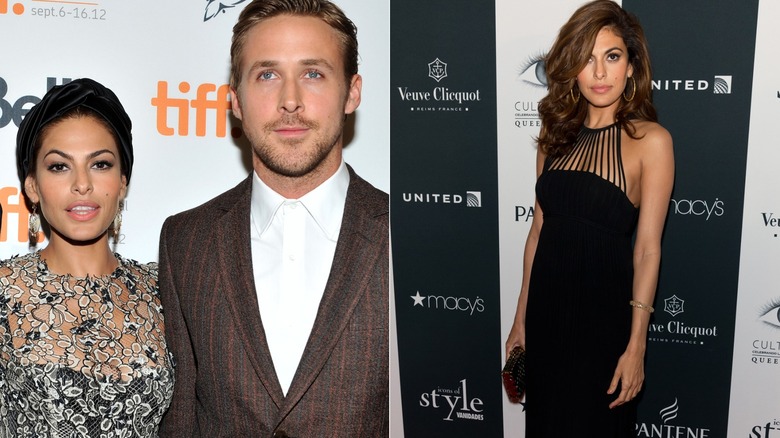 Eva Mendes portant un haut à imprimé floral aux côtés de Ryan Gosling en 2012 à gauche et lors d'un événement portant une robe noire avec un haut dos nu à bretelles en 2013 à droite.