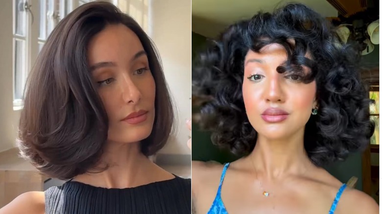 Une femme avec un carré rebondissant droit prenant un selfie (L) et une femme avec un carré rebondissant bouclé (R)