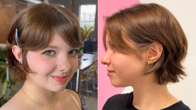 Une femme avec une coupe bixie fraîche et mignonne souriant à la caméra (L) et vue latérale d'une coupe bixie (R)