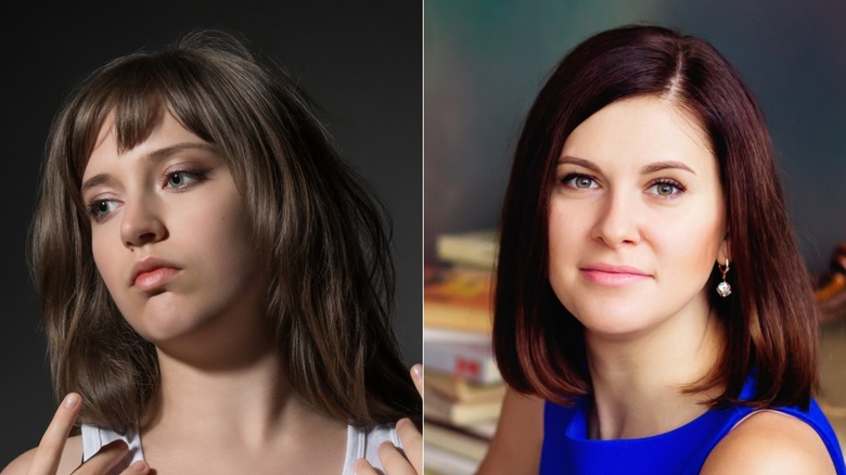 Une belle femme avec un lob marron avec une frange (L) & Une femme arborant une coupe de cheveux lob chic (R)