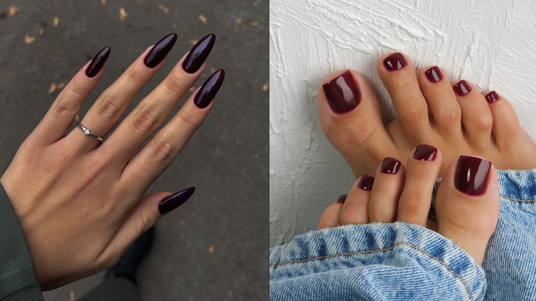 Une manucure violette mystique illustrée à droite et une pédicure rouge vin illustrée à gauche