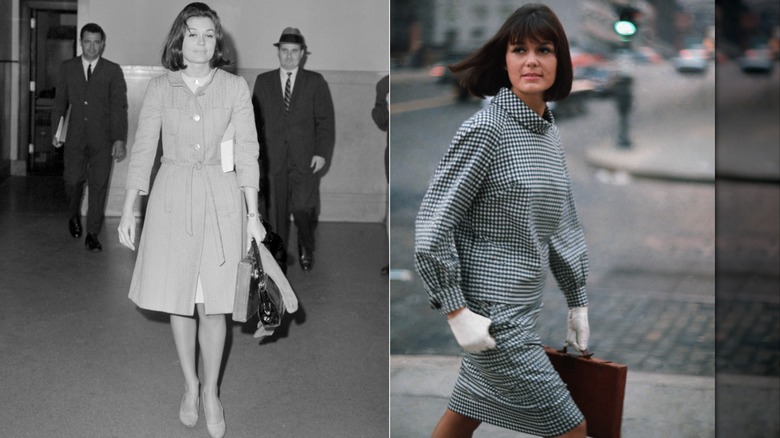 Gloria Steinem devant la Cour suprême après avoir été assignée à comparaître par la SLA en mai 1963 / Gloria Steinem en tailleur-jupe à carreaux pour le magazine Glamour en février 1964