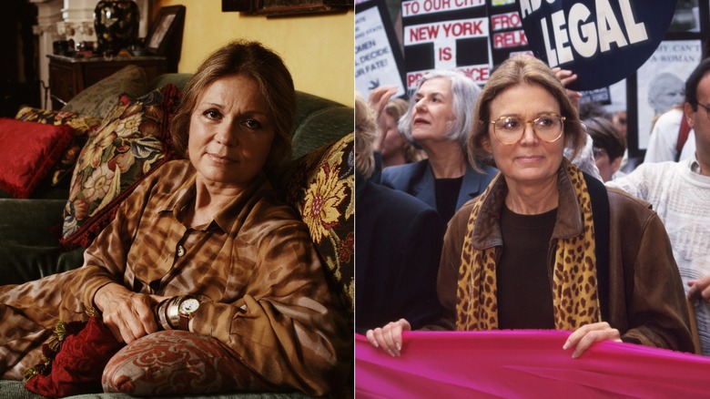 Gloria Steinem dans son appartement de New York en novembre 1990 / Gloria Steinem lors du rassemblement pour les droits des femmes à New York en octobre 1995