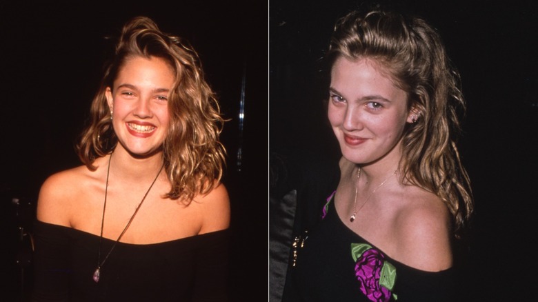 Drew Barrymore portait un haut noir à épaules dénudées en 1989 à gauche et lors d'un événement en 1989, portait un haut noir avec des fleurs violettes à droite.