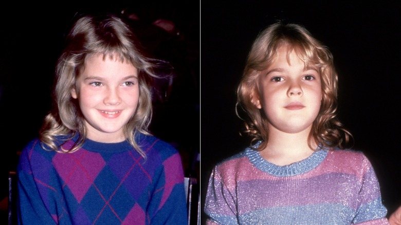 Drew Barrymore lors d'un événement portant un pull à carreaux 1980 à gauche et à New York en 1983 portant un pull scintillant à droite.