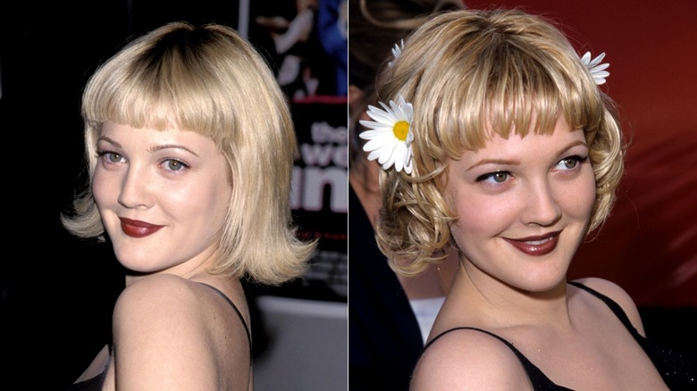 Drew Barrymore avec un carré blond renversé avec une frange de bébé à gauche, et avec un carré plus hirsute avec une frange et des accents de marguerite à droite.