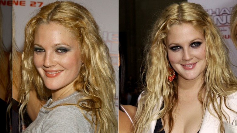 Drew Barrymore lors d'un événement avec un fard à paupières bleu et des cheveux blonds ondulés à gauche et avec un œil charbonneux foncé et des vagues blondes de plage à droite.