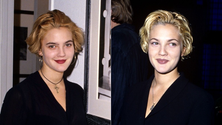 Drew Barrymore aux cheveux blonds courts vêtu de noir et un collier crucifix en 1991 à droite et en 1992 avec un rouge à lèvres mauve et un haut noir à droite.