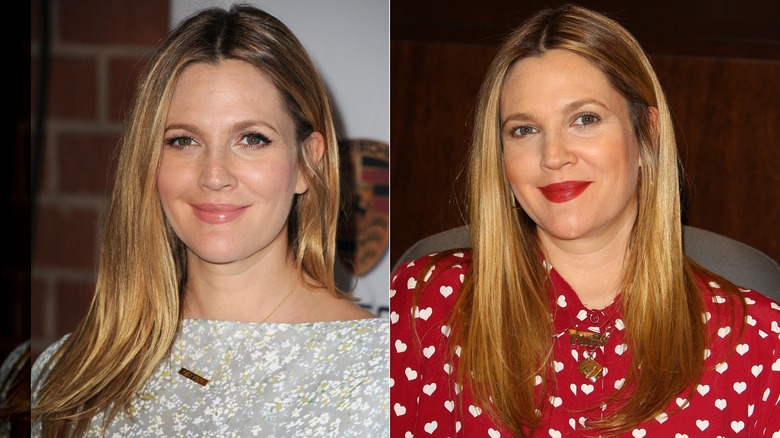 Drew Barrymore dans un haut gris avec des cheveux lisses à gauche et dans un haut rouge avec des cœurs blancs et des cheveux raides blond vénitien à droite.