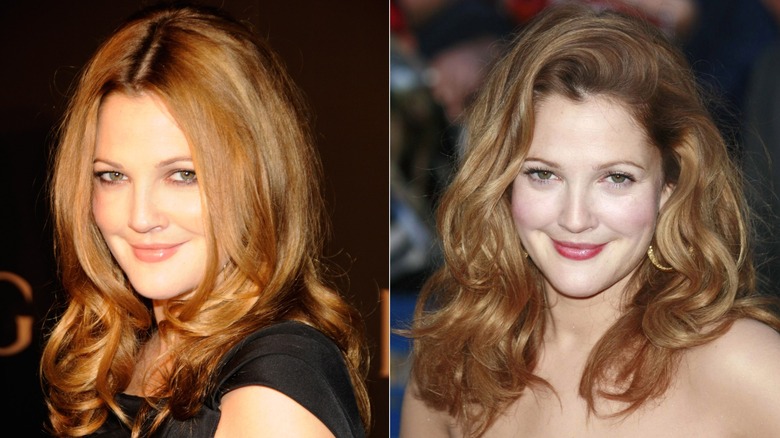 Drew Barrymore avec une douce éruption auburn à gauche et avec un style bouclé plus rebondissant à droite.
