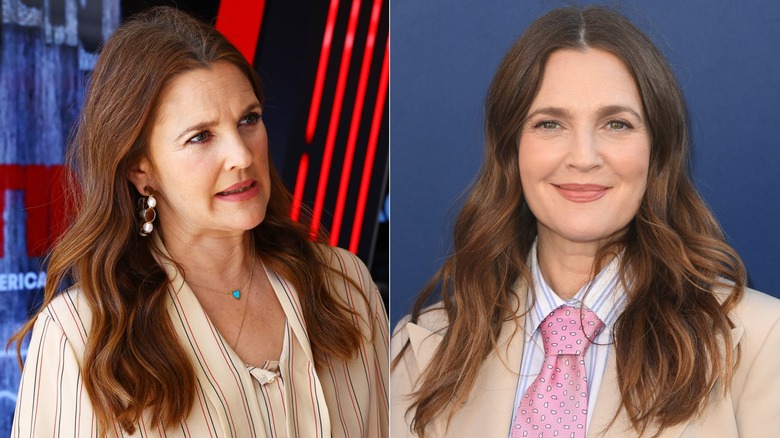 Drew Barrymore avec des vagues auburn mi-longues à gauche et portant un costume aux cheveux ondulés lors d'un événement à droite.