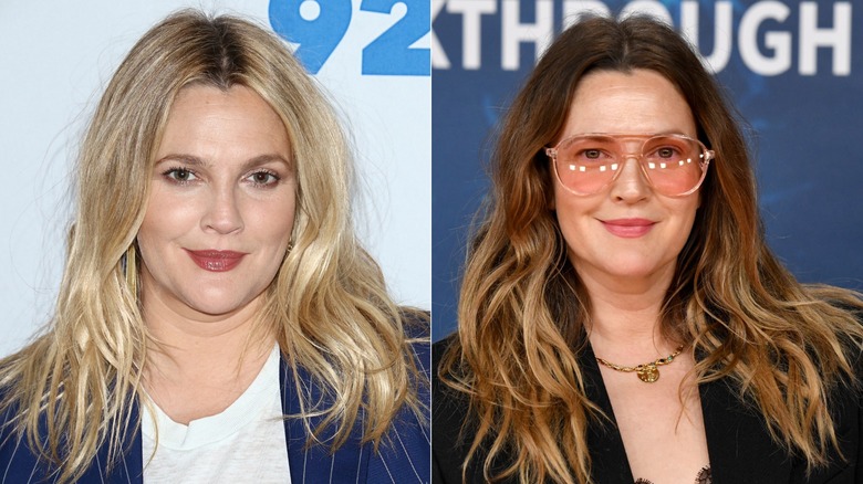 Drew Barrymore avec des cheveux blond clair hirsutes lors d'un événement à gauche et portant des lunettes de soleil roses avec une coiffure ondulée à droite.