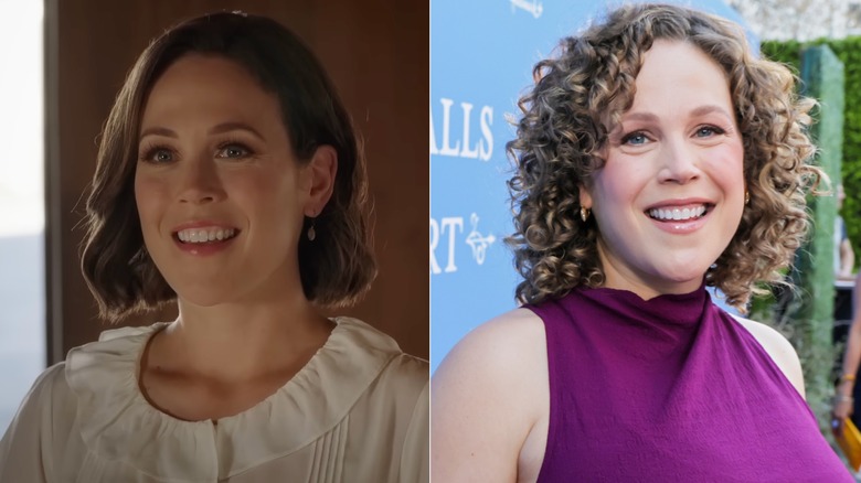 Photos côte à côte d'Erin Krakow dans le personnage de When Calls the Heart (à gauche) et dans son propre rôle sur le tapis rouge (à droite)