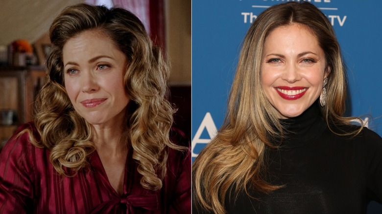 Photos côte à côte de Pascale Hutton dans le personnage de When Calls the Heart (à gauche) et dans son propre rôle sur le tapis rouge (à droite)