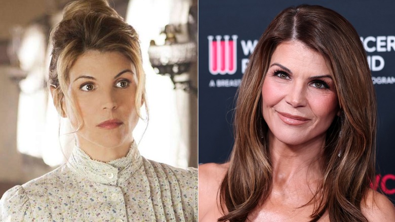 Photos côte à côte de Lori Loughlin dans le personnage de When Calls the Heart (à gauche) et dans son propre rôle sur le tapis rouge (à droite)