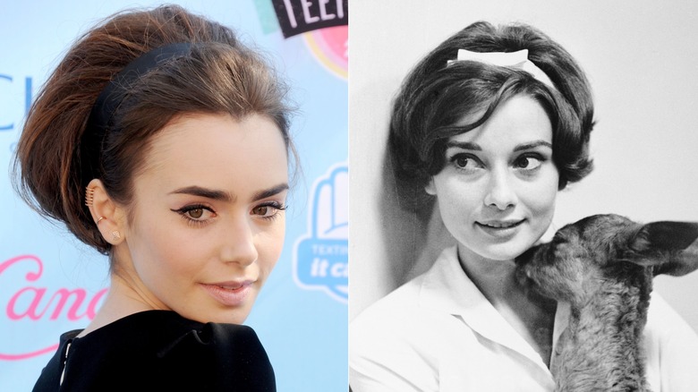 Lily Collins avec un bandeau et Audrey Hepburn en 1958