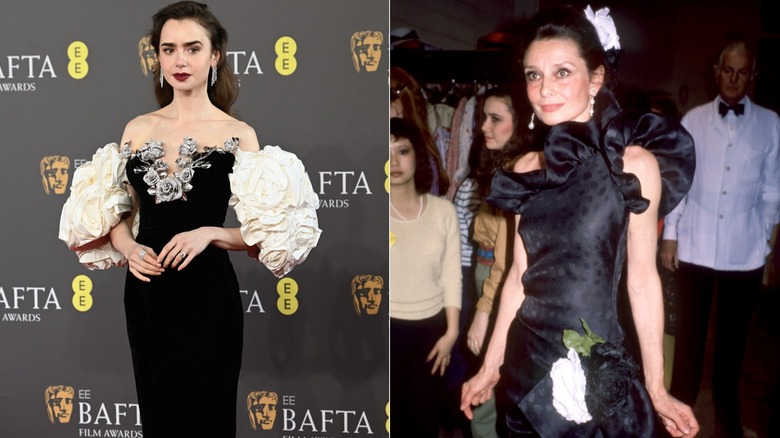 Lily Collins dans une robe noire ornée en 2024 et Audrey Hepburn en 1982
