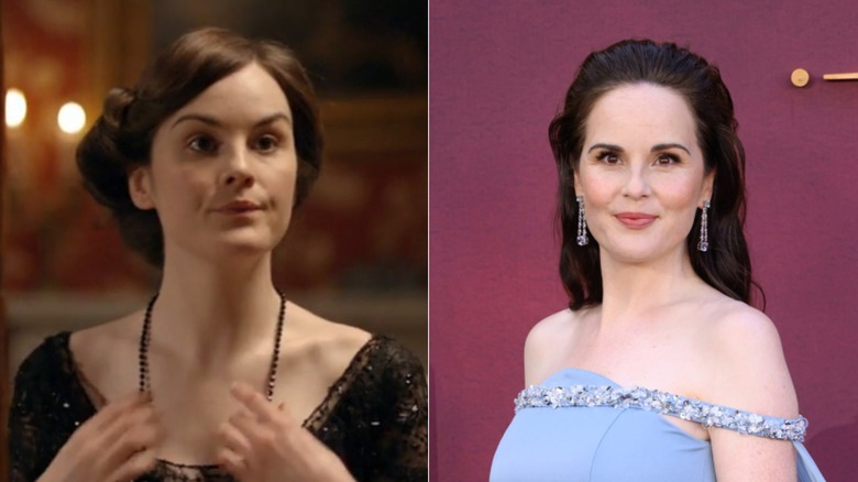 Michelle Dockery portant une robe noire et une robe bleue