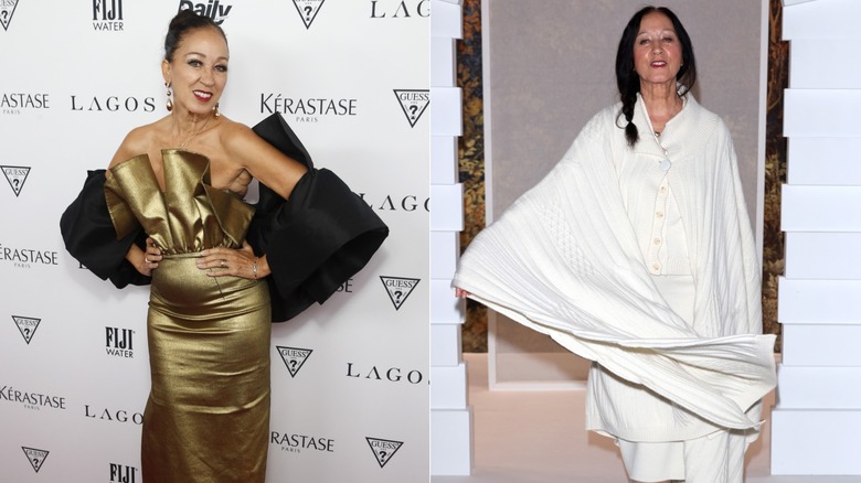 Pat Cleveland dans une robe dorée et dans une robe blanche avec une tresse dans les cheveux