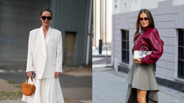 Une femme avec un mini sac à main et une tenue blanche à gauche et une femme avec un mini sac à main et une veste rouge à droite