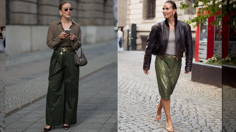 Tina Hasse porte un chemisier kaki et un pantalon cargo vert olive et des accessoires dorés lors de la Fashion Week de Berlin en juillet 2026 / Janka Pollianii porte un blouson aviateur en cuir marron foncé sur un haut gris et une jupe à sequins vert olive lors de la Fashion Week d'Oslo Runway en septembre 2026