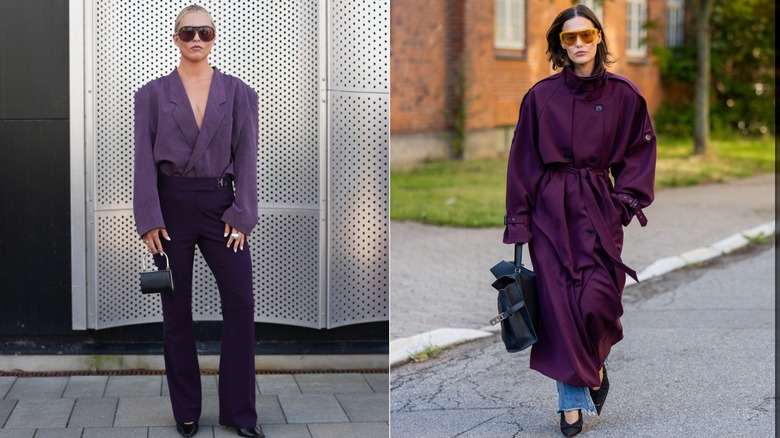 Un invité portant un chemisier et un pantalon violets lors de la Fashion Week de Copenhague en août 2026 / Un invité porte un jean et un trench violet lors de la Fashion Week de Copenhague en août 2026