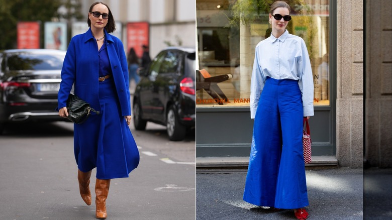 Un invité porte un haut bleu cobalt et une jupe midi assortie avec un manteau bleu et des bottes camel lors de la Fashion Week de Paris en octobre 2025 / Un invité porte une chemise boutonnée bleu poudré et un pantalon large bleu cobalt lors de la Fashion Week de Milan en avril 2026