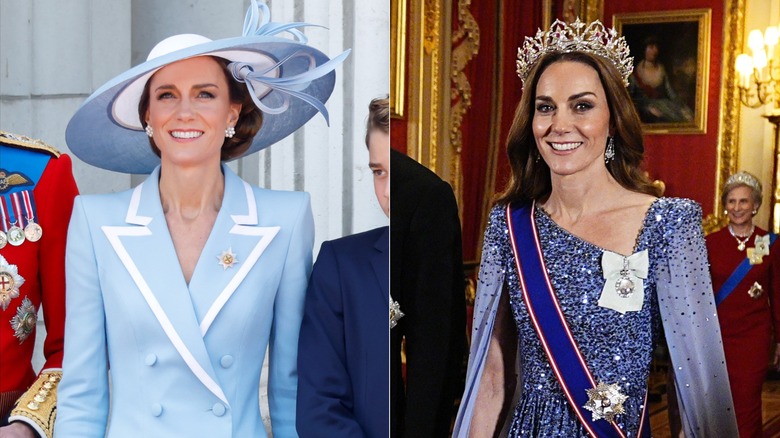 À gauche : Kate Middleton porte un chapeau lors de Trooping the Color 2026. À droite : Kate Middleton porte un diadème lors d'un banquet d'État en décembre 2025.