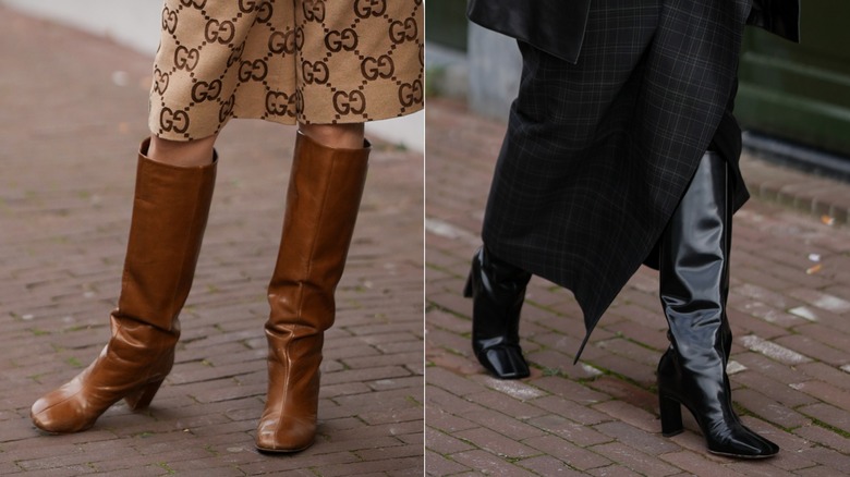 Une paire de bottes hauteur genou marron à bout carré lors de la Fashion Week d'Amsterdam en septembre 2026 / Une paire de bottes noires hauteur genou à bout carré lors de la Fashion Week d'Amsterdam en septembre 2026