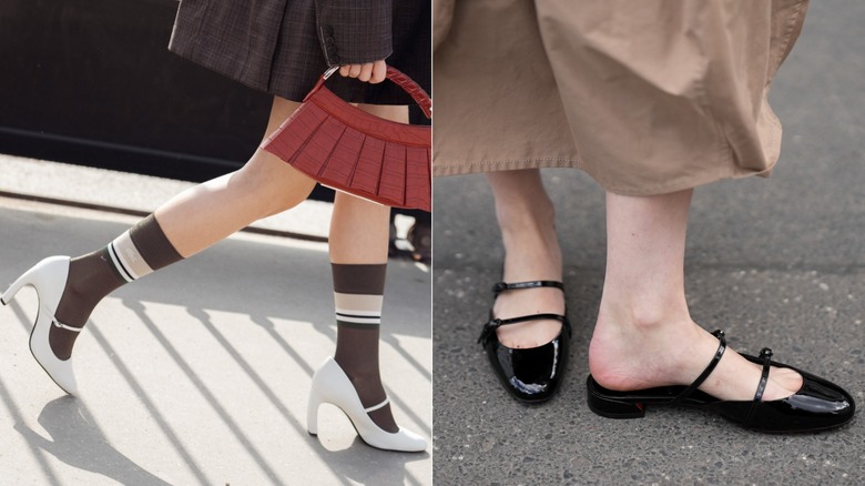 Une paire de chaussures Mary Jane blanches à talons avec des chaussettes et un sac rouge lors de la Fashion Week de Paris en mars 2026 / Une paire de mules Mary Jane noires à Berlin en mai 2026