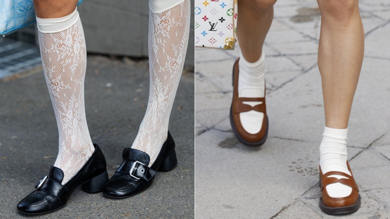 Une paire de mocassins à boucles noirs avec des chaussettes en dentelle blanche lors de la Fashion Week d'Oslo en septembre 2026 / Une paire de mocassins penny marron et crème avec des chaussettes blanches lors de la Fashion Week de Paris en mars 2026
