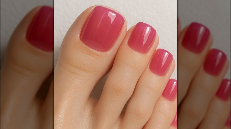 Une pédicure avec du vernis à ongles gelée rose