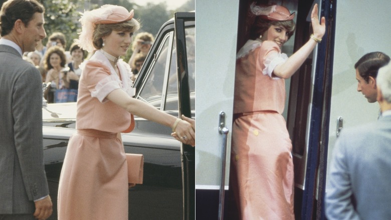 La princesse Diana dans sa tenue de lune de miel pêche