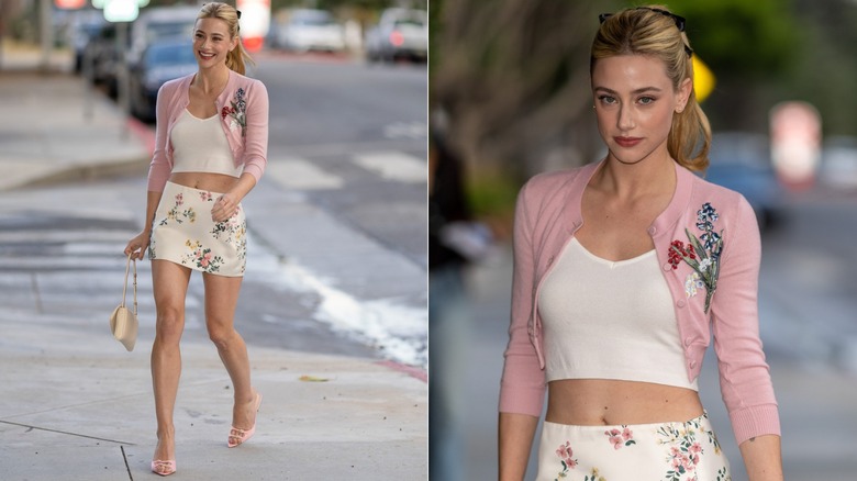 Lili Reinhart porte un ensemble cardigan court et mini-jupe lors d'une papa walk