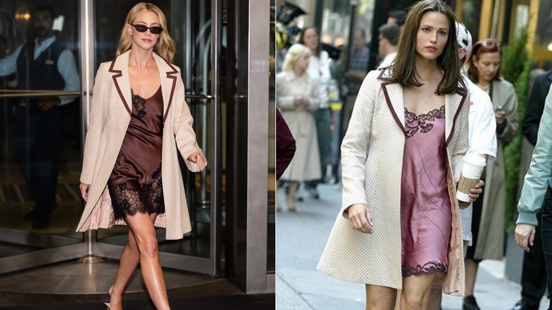 Côte à côte de Lili Reinhart et Jennifer Garner portant une robe en dentelle soyeuse et une veste à pois