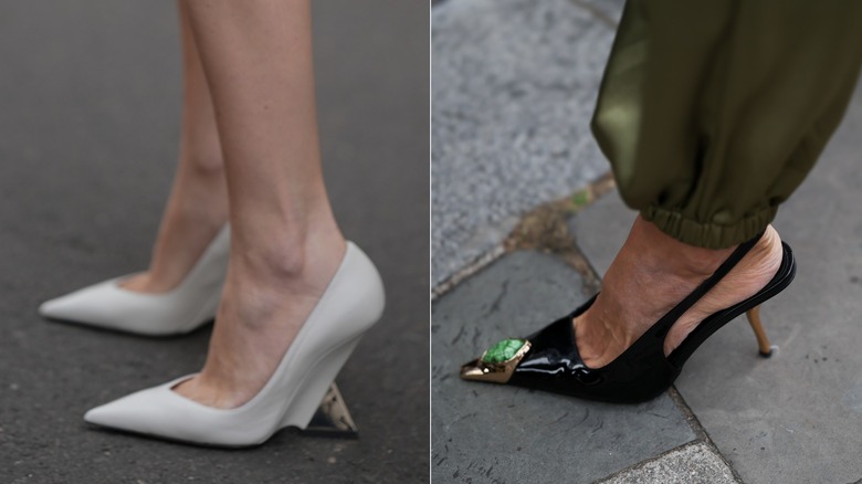 Une femme portant des chaussures blanches avec un talon inversé à gauche et une femme portant un pantalon vert portant des talons noirs avec un bout orné à droite.