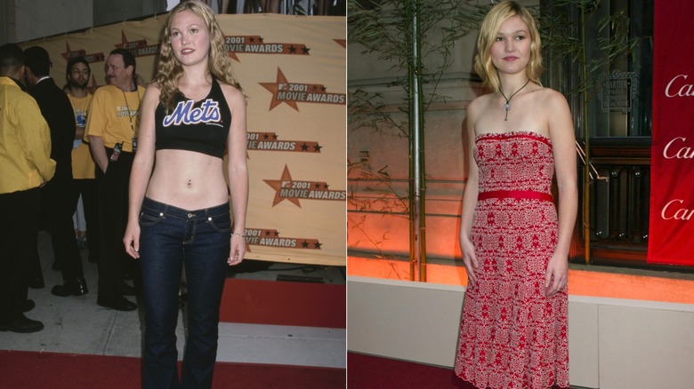 (à gauche) Julia Stiles portant un haut DIY en 2001 (à droite) Julia Stiles avec une coupe au carré en 2003