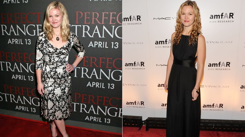 (à gauche) Julia Stiles souriante sur un tapis rouge en 2007 (à droite) Julia Stiles portant une robe noire en 2010